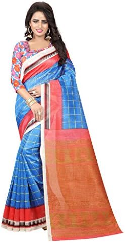 Shonaya Women`S Traditional Bhagalpuri Silk Printed Saree Sari (BLue & red)
