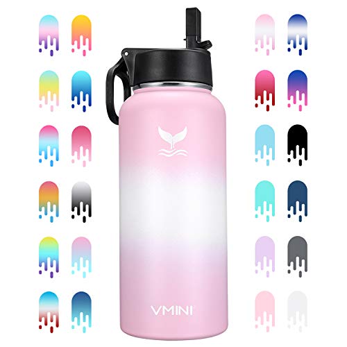 botella de agua vmini con nueva tapa de paja con asa ancha, acero inoxidable 18/8 con aislamiento al vacío de boca ancha, 32 oz, degradado rosa + blanco + rosa