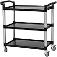 Service Cart Heavy Duty 3-Shelf Rolling Utility/Push Cart with Lockable Wheels, 360 lbs. Capacity, Black, for Foodservice/Restaurant/Cleaning (Black)
