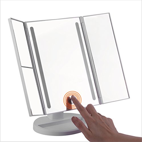 Makeup Mirror, LED Vanity Mirror with Dual Strip LED Lights - 3X/2X Magnifying Tri-Fold Countertop Cosmetic Mirror for Bedroom, Bathroom. Portable Design, Touch Screen and 180Â° Adjustable Rotation