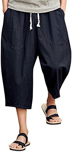 Corriee Cotton Linen Shorts for Men Mens Baggy Calf-Length Harem Pants Loose Solid Color Trousers with Pockets