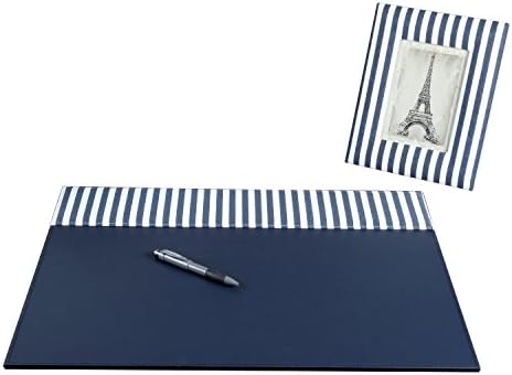 On My Desk Stripes 17" x 22" Desk Pad Set with Padded Cotton Header and Matching 4" x 6" Picture Padded Picture Frame, Blue and White (OMD12026K)