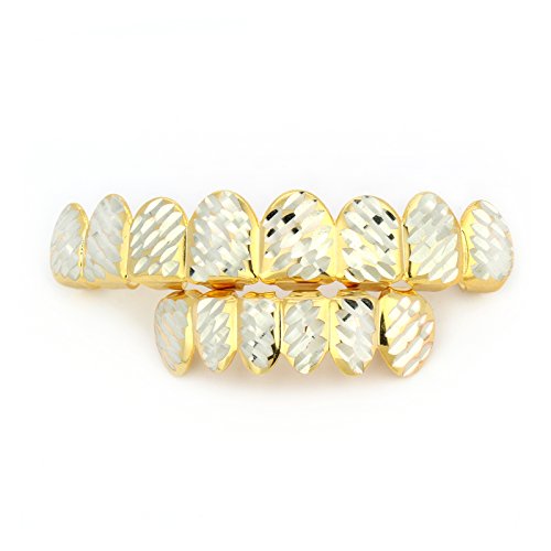 Men's HQ 14K Gold Tone HIP HOP Diamond Side Cut Top & Bottom Row HIGH QUALITY 8 Teeth Grillz