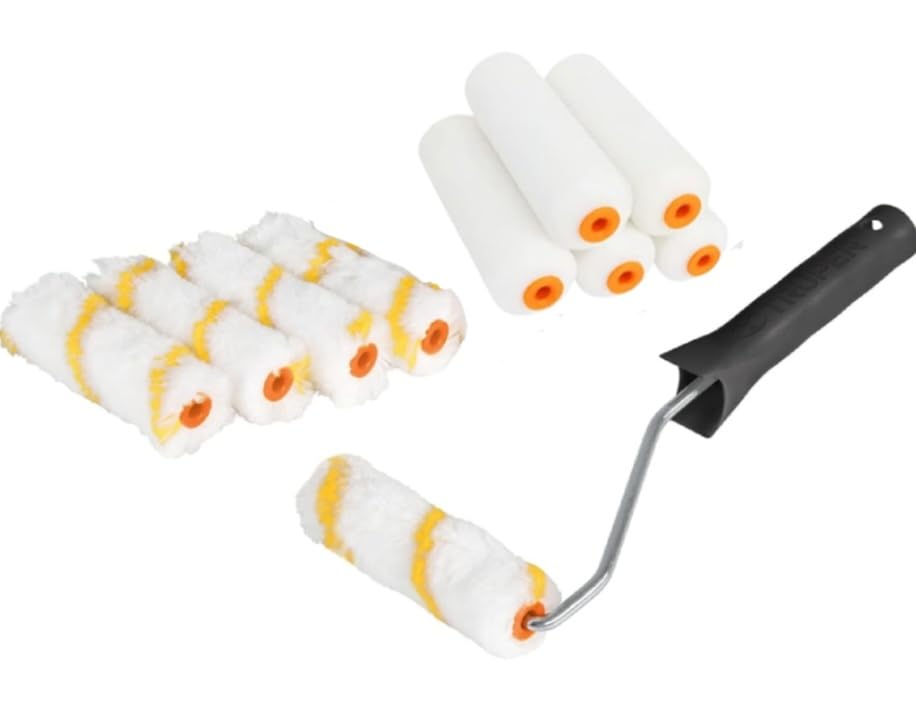 U-Excel 11-Piece Kit for Smooth Painting, 4 Inch Foam Roller and Medium Pile Roller Set with Roller Frame Handle - for Emulsion, Gloss, Satin, Varnish, Wood Stain on Interior Walls, Ceilings.
