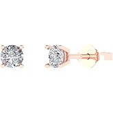 14K Rose Gold Plated 925 Sterling Silver Push back Dainty Stud Earrings for Women - 0.2 cttw Round Cut White Sapphire