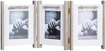Yaetm Folding Photo Frame 5x7 Inch Hinged Rustic Solid Wood Picture Frame,Table Top Home Deco.Hold Triple 5x7 Inch Photos On Desk,Rustic Grey &amp; White