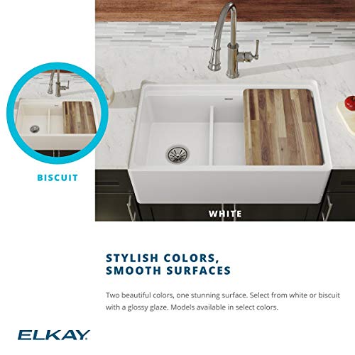 Elkay SWUF3320WH Fireclay 60/40 Double Bowl Farmhouse Sink with Aqua Divide, White Pricepulse