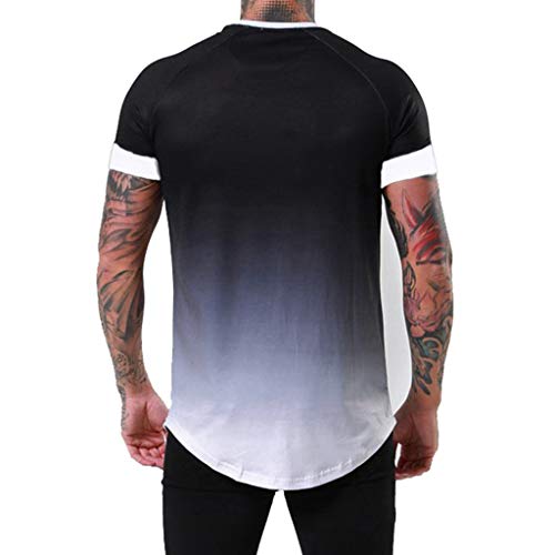 iYBUIA Summer Men's Patchwork Graduated Short Sleeved T-Shirt Top Blouse Black