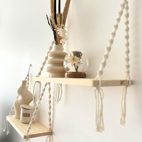 Mekase Set of 2 Wooden Hanging Wall Shelves with Macrame Rope - Cocooning Bohemian Wall Decor for Plants, Bedroom, Living Room, Bathroom, No Drilling, Scandinavian Boho Style