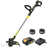 TECCPO String Trimmer, 20V 2Ah Lithium Ion, 2 16ft Nylon Thread Spool, Automatic Feed Spool, 12in Cutting Swath, Cordless Professional Grass Trimmer/Edger, Battery and Charger Include - TDLT02G