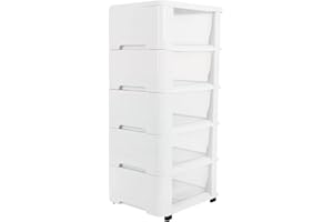 OMNISAFE 5 Plastic Drawers, White Rolling Storage Cart with Sturdy Frame, Storage Tower for Office, Living Room, Hallway, Dormitory