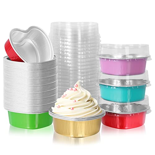 HEYYUMI Mini Heart Shaped Cakes Pans with Lids, 50pcs 3.4oz Disposable