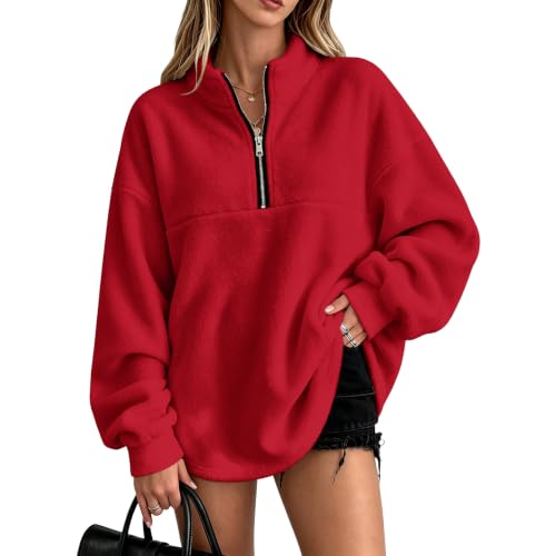 Rikbuig Red Womens 1/4 Zip Pullover Fleece Oversized Half Zip Sweatshirt at Amazon