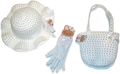 Girls Dress Up Toddler Size White Easter Bonnet Hat, Silky Gloves and Purse