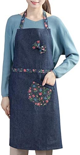Zerohub Cute Ribbon Apron, Denim, Cooking Apron, Neck Hanging, Bib Apron, Women’s, 100% Cotton, Adult, One Size Fits Most, Suitable Height: 59.1 – 66.9 inches (150 – 170 cm)