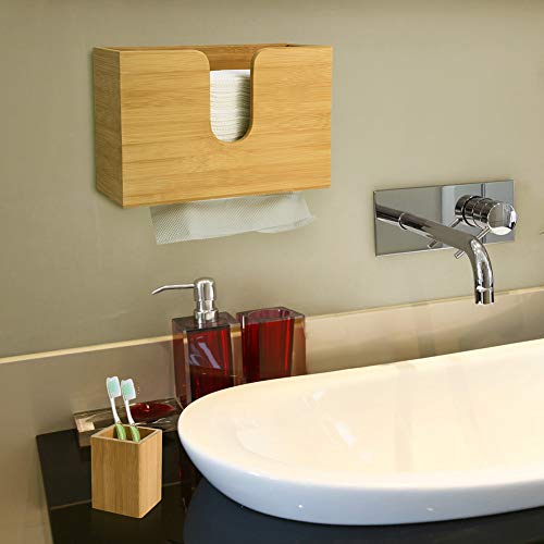 Bamboo Paper Towel Dispenser for Bathroom Decor - C-fold Wall Mounted Countertop Paper Holder with Bamboo Utensil Holder