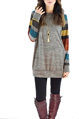 Lazyfashion Womens Casual Loose Long Stripe Sleeve Oneck Lightweight Sweater Tunic Shirts Tops Orange L