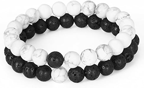Dilusso Yin Yang White Howlite &amp; Lava Rock Gemstone Couple Bracelet His and Hers