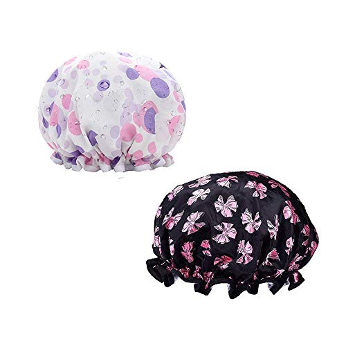ESA Supplies Waterproof Lined Shower Caps Long Hair Women Double Layer Bath Cap 2 Packs