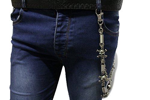 TFJ Men Wallet Silver Metal Chain Keychain Skeleton Skull Charm Pirate Bones