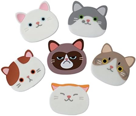Cat Treat Set of 6 Silicone Rubber Coaster Mat for Wine Glass Tea Best Housewarming Beverage Drink Beer Home House Kitchen Decor Wedding Registry Gift Idea Dining Table Desk Cup Placemat