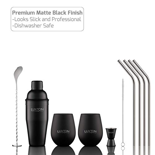 Luxton Home Ultimate Men's Gift Cocktail Shaker Set Matte Black - Plus 2 Cups & 4 Straws - Thumbnail 2