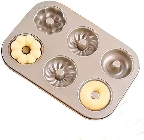 MZCH 6-Cavity Non-stick Donut Pan, Heavy-duty Carbon Steel Mini Donut Makers, FDA Approved, 11 by 7 Inches, 3 Pattern, Champagne Gold