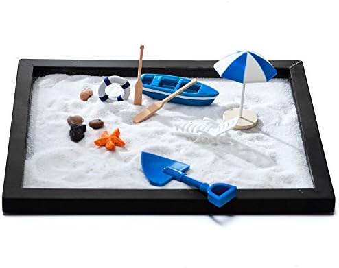 Zen Sand Beach Garden for Desk & Office Decor: Tabletop Relaxation Meditation Beach Kit - Wood Base, 2 Bags White Sand, Shovel, Boat with 2 Mini Paddles, Umbrella, Beach Chair, Lifebuoy & Small Rocks