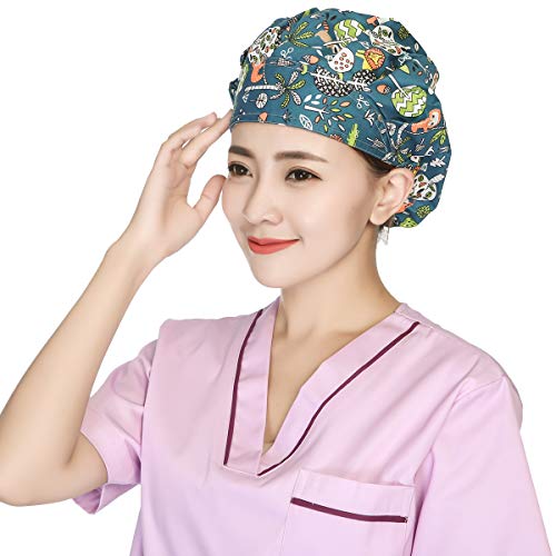 Unisex Bouffant Scrub Hat Cotton Cap Surgical Medical Nurse Doctor Adjustable Men Women Ponytail Cute Animal Pattern