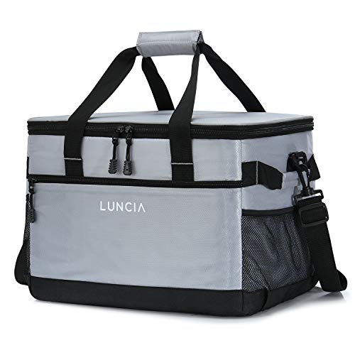 LUNCIA 33L Leakproof Collapsible Cooler Bag, Insulated Cooling Bag Portable Tote, 60 Can Soft Sided Cooler for Picnic, Camping, Hiking, Grey