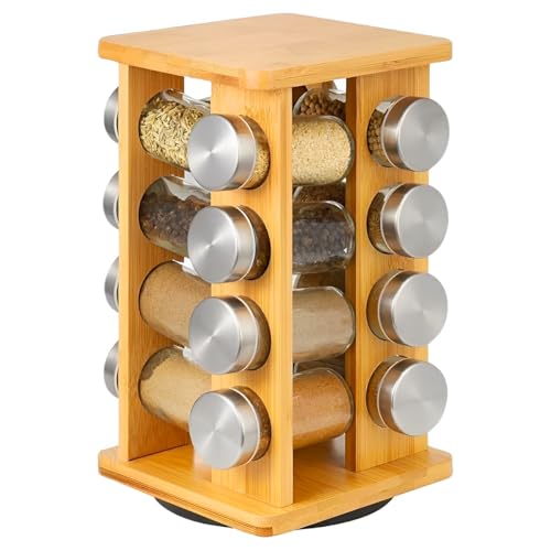 Porta Temperos de Bambu Giratório 16 Potes de Vidro Organizador Condimentos Especiarias Cozinha
