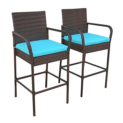 VALITA Patio PE Rattan Cushioned Barstool – Outdoor Wicker High Chair, Royal Blue Cushions ...