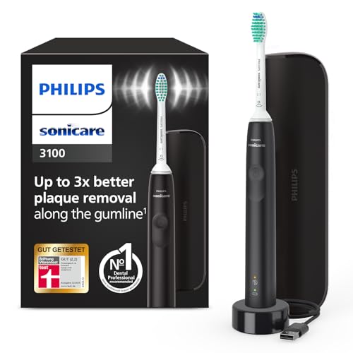 Sonicare 3100 elektrische Zahnbürste, Schallzahnbürste, Andruckkontrolle und Timer, Reiseetui, Schwarz, HX3673/14
