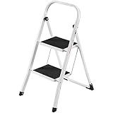 VonHaus Steel 2 Step Ladder Folding Portable Stool with 330lbs Capacity - Lightweight and Sturdy, White, 2 Step