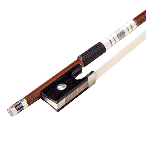 Violin Bow, Mugig Handmade Violin Bow, White 3A Grade Hair of Mongolian Horse, Silver plating Lizard Skin Handle, Polished Abalone and Ebony Frog (4/4, Wooden)