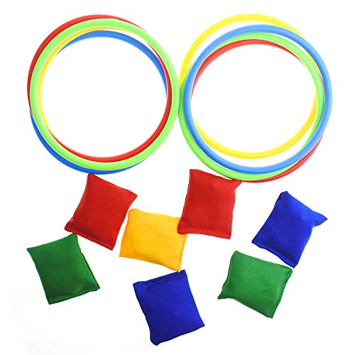 Jyongmer 16 Pieces Nylon Bean Bags Plastic Rings Game Set for Carnival Outdoor Games Garden Backyard Games Kids Ring Toss Game Party Games Supplies