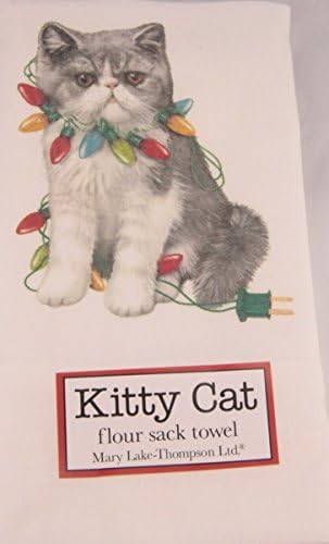 Persian Cat with Christmas Lights Printed Flour Sack Dish Towel