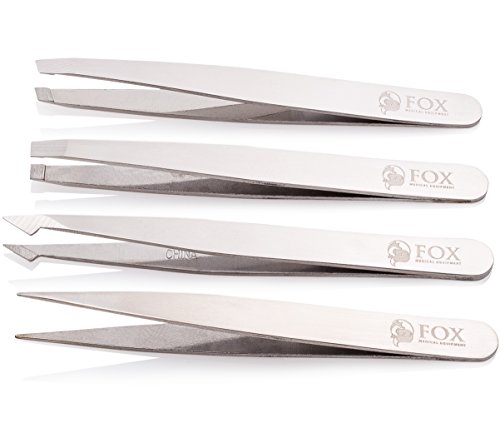 Professional Tweezers Set - 4 Piece Precision Stainless Steel Eyebrow Tweezer Kit with PU leather travel case - Perfect for Facial Hair, Splinters, Ingrown Hairs, Ticks, blackheads and eyebrows
