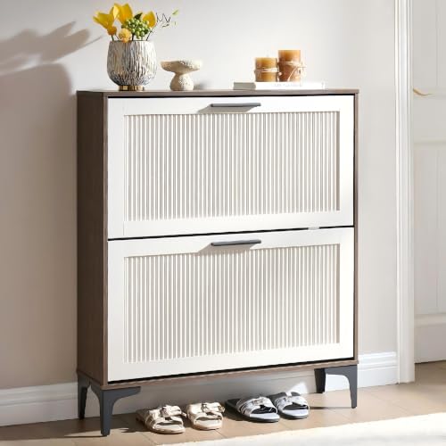 SISKRY Shoe Storage Cabinet for Entryway with 2 Fluted Flip Drawers