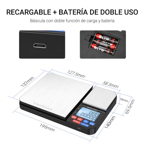 Vantisan Báscula digital de doble plataforma para cocina y alimentos,Báscula para Alimentos 0.3 g/5 kg y 0,03 g/500 g,Utilizable con Carga USB y Batería (incluida),acero inoxidable