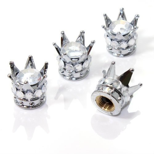 4 Chrome Silver Crown Clear Diamond Bling Tire/Wheel Stem Valve Caps car truck