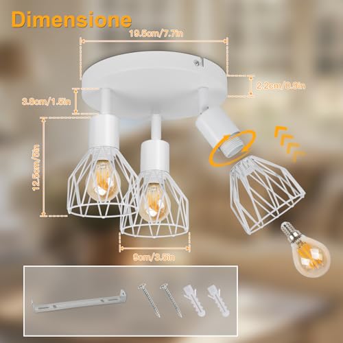 TaFiCo E14 LED Ceiling Spotlight 3 Lights – Ceiling Lamp Living Room Round White – LED Ceiling Light Spotlight Modern Kitchen Bedroom – Without Bulb