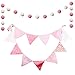 Pink and White Bunting, Double Sided Pennant, Cotton Fabric Floral Banner with Pom Poms Garland for Party Birthday Nursery Bedroom Garden Baby Shower