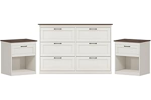 Vikiullf Farmhouse Bedroom Set, Wooden Dresser and Nightstands Set, 6 Drawers Dresser and Large 3 Dreawers Nightstand
