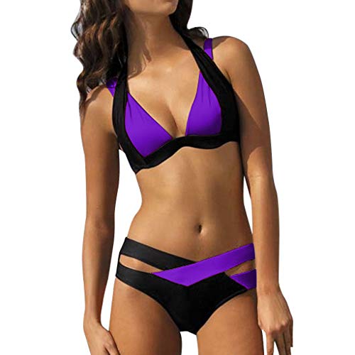 HJuyYuah Women's Two Pieces Crochet Lace High Waist V Neck Bikini Set Swimsuit Purple