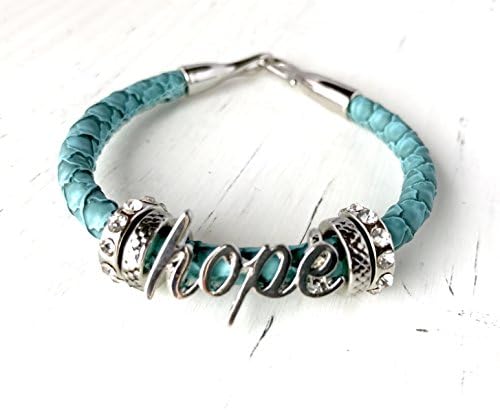 Blue Leather Bracelet for Women with Hope Charm and Cubic Zirconia Sliders Turquoise Python Leather Bangel