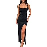 LAGSHIAN Women's Sexy Backless Square Neck Sleeveless Split Hem Tank Tops Evening Long Dresses