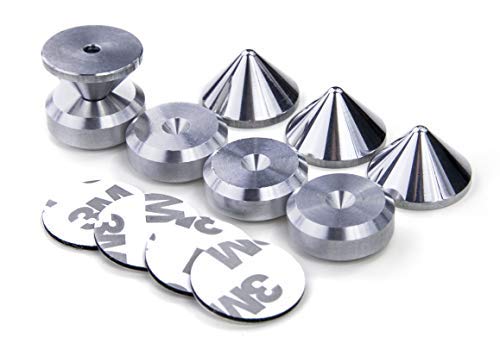 Precisiongeek - Speaker Spikes and Pads Set Aluminium, Spikes cone shape and Pads chamfered shape 20mm diameter, self adhesive pads included