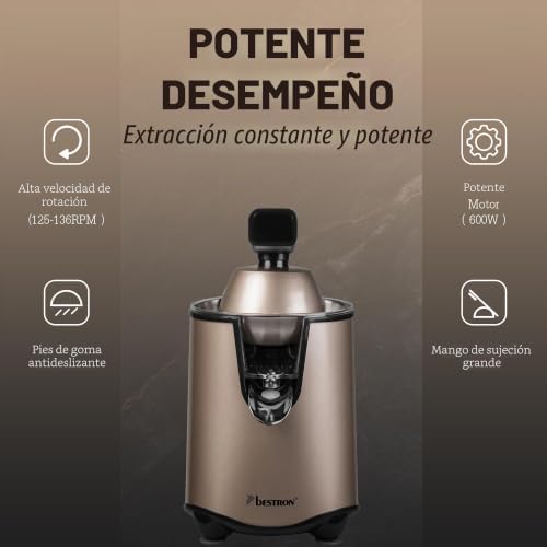 Exprimidor eléctrico, exprimidor de naranja con función de parada de boquilla y tamiz de pulpa de acero inoxidable, incluye 2 conos de 450 ml de capacidad, palanca de presión suave para un