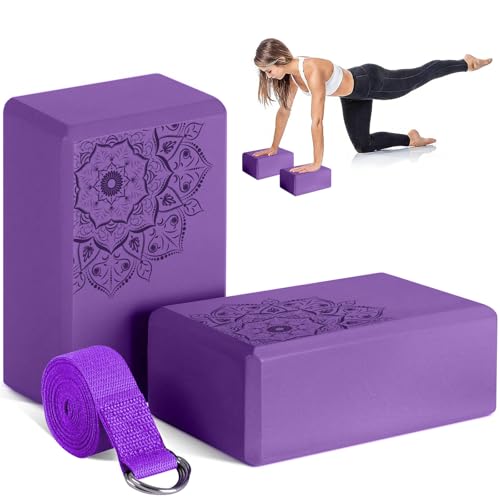 2 Bloques de Yoga Block, Bloques de Espuma EVA con 1 Correa de Yoga, para Bloque de Yoga Suaves, Resistente al Olor y Antideslizante para Yoga, Pilates, Meditación, Apoyar y Profundizar Posturas